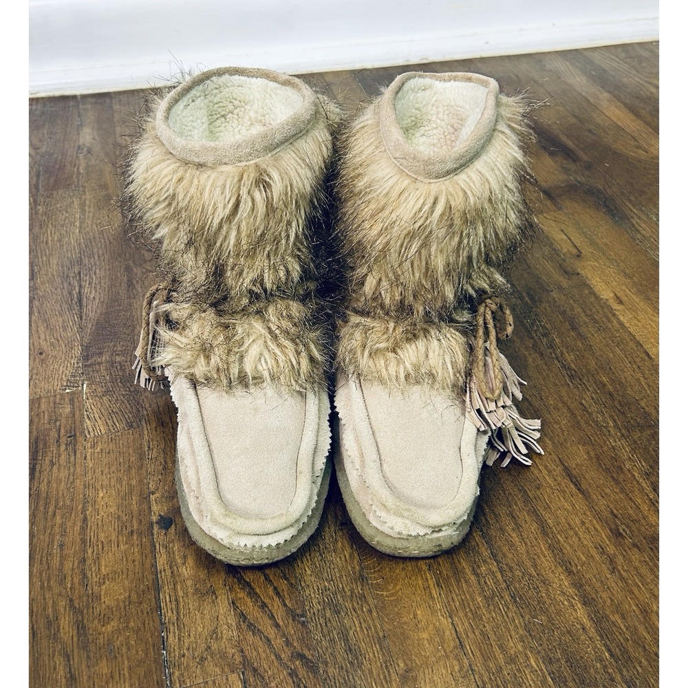 Joie Alabama Faux Fur Eskimo Boots beige & cream Faux Fur Leather Laces Size 8